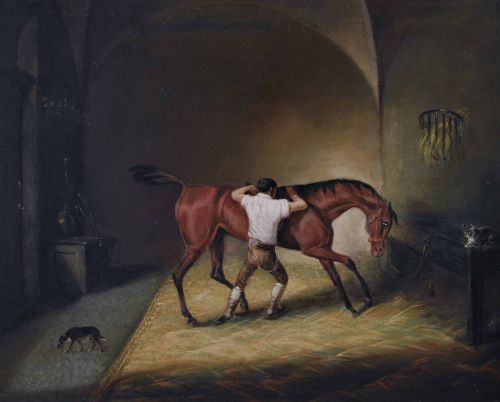 SPORTING ANIMAL OIL PAINTING OF A HORSE GROOM IN A STABLE BY JOHN FERNELEY JNR - ADDITIONAL PHOTO 1