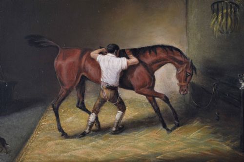 SPORTING ANIMAL OIL PAINTING OF A HORSE GROOM IN A STABLE BY JOHN FERNELEY JNR - ADDITIONAL PHOTO 2