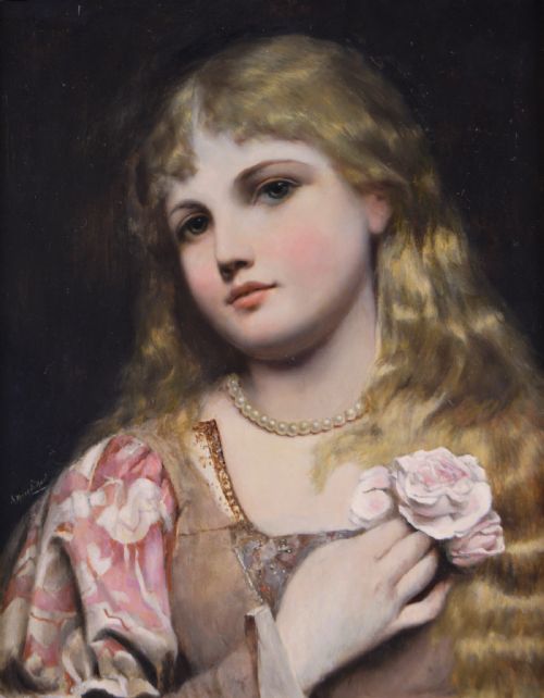 PORTRAIT OIL PAINTING OF A YOUNG WOMAN WITH PEARLS A ROSE BY ALFRED SEIFERT - ADDITIONAL PHOTO 1