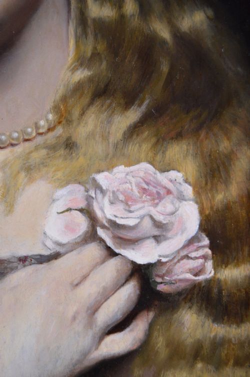 PORTRAIT OIL PAINTING OF A YOUNG WOMAN WITH PEARLS A ROSE BY ALFRED SEIFERT - ADDITIONAL PHOTO 4