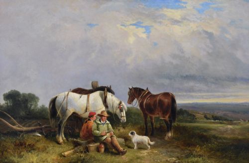 LANDSCAPE GENRE OIL PAINTING OF PLOUGHMEN WITH HORSES A DOG BY GEORGE COLE - ADDITIONAL PHOTO 1