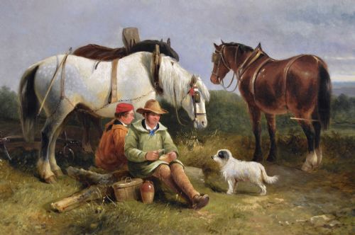 LANDSCAPE GENRE OIL PAINTING OF PLOUGHMEN WITH HORSES A DOG BY GEORGE COLE - ADDITIONAL PHOTO 2