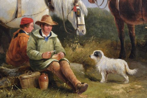 LANDSCAPE GENRE OIL PAINTING OF PLOUGHMEN WITH HORSES A DOG BY GEORGE COLE - ADDITIONAL PHOTO 3