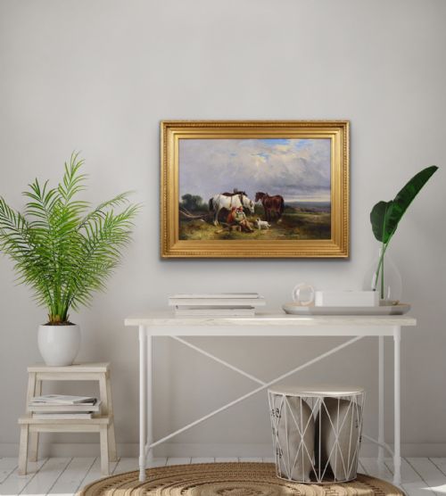 LANDSCAPE GENRE OIL PAINTING OF PLOUGHMEN WITH HORSES A DOG BY GEORGE COLE - ADDITIONAL PHOTO 8