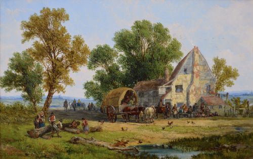 LANDSCAPE OIL PAINTING OF A VILLAGE TAVERN BY JOHN HOLLAND SNR - ADDITIONAL PHOTO 1