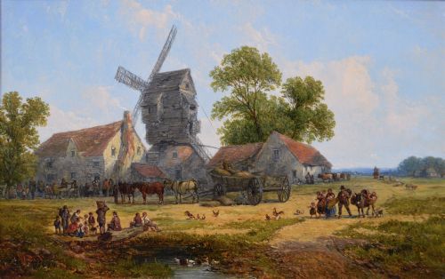 LANDSCAPE OIL PAINTING OF A VILLAGE TAVERN WITH A WINDMILL BY JOHN HOLLAND SNR - ADDITIONAL PHOTO 1