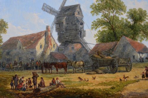 LANDSCAPE OIL PAINTING OF A VILLAGE TAVERN WITH A WINDMILL BY JOHN HOLLAND SNR - ADDITIONAL PHOTO 2