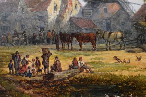 LANDSCAPE OIL PAINTING OF A VILLAGE TAVERN WITH A WINDMILL BY JOHN HOLLAND SNR - ADDITIONAL PHOTO 3