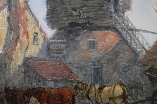 LANDSCAPE OIL PAINTING OF A VILLAGE TAVERN WITH A WINDMILL BY JOHN HOLLAND SNR - ADDITIONAL PHOTO 5