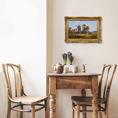 LANDSCAPE OIL PAINTING OF A VILLAGE TAVERN WITH A WINDMILL BY JOHN HOLLAND SNR - ADDITIONAL PHOTO 9
