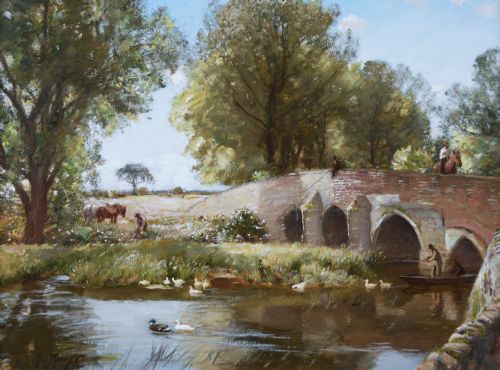 LANDSCAPE OIL PAINTING OF A BRIDGE OVER A RIVER BY SIR DAVID MURRAY - ADDITIONAL PHOTO 1