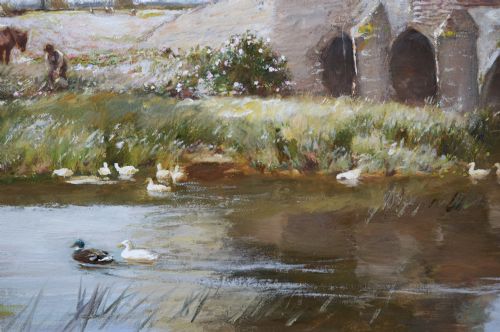 LANDSCAPE OIL PAINTING OF A BRIDGE OVER A RIVER BY SIR DAVID MURRAY - ADDITIONAL PHOTO 3