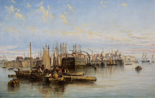 fig 1. A 19th-century Victorian oil painting depicting masted ships in the harbour of Hull set within a moulded gold gilt frame.