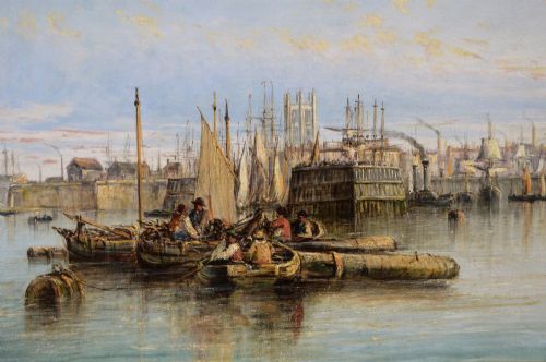 fig 2. A 19th-century Victorian oil painting depicting masted ships in the harbour of Hull set within a moulded gold gilt frame.