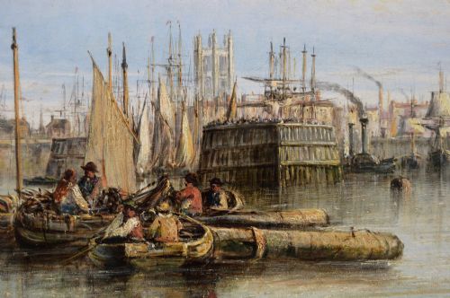 fig 3. A 19th-century Victorian oil painting depicting masted ships in the harbour of Hull set within a moulded gold gilt frame.