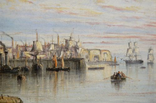 fig 4. A 19th-century Victorian oil painting depicting masted ships in the harbour of Hull set within a moulded gold gilt frame.