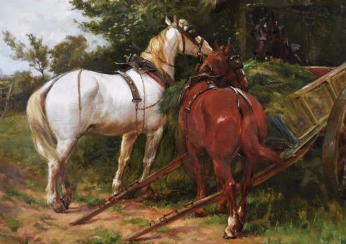LANDSCAPE GENRE OIL PAINTING OF HORSES NEAR A BARN WITH FIGURES A DOG BY THOMAS BLINKS - ADDITIONAL PHOTO 2