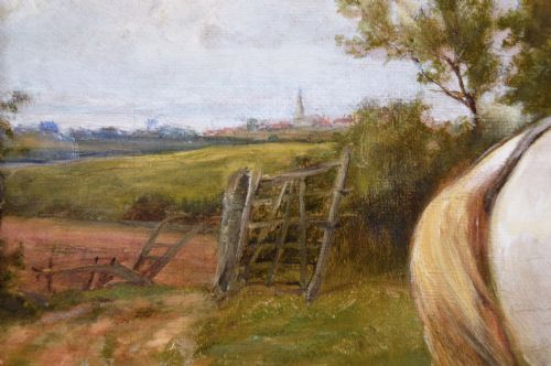 LANDSCAPE GENRE OIL PAINTING OF HORSES NEAR A BARN WITH FIGURES A DOG BY THOMAS BLINKS - ADDITIONAL PHOTO 6