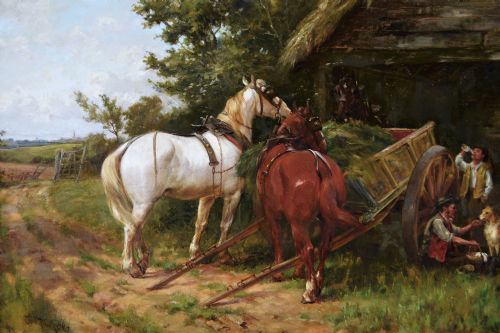 LANDSCAPE GENRE OIL PAINTING OF HORSES NEAR A BARN WITH FIGURES A DOG BY THOMAS BLINKS - ADDITIONAL PHOTO 1