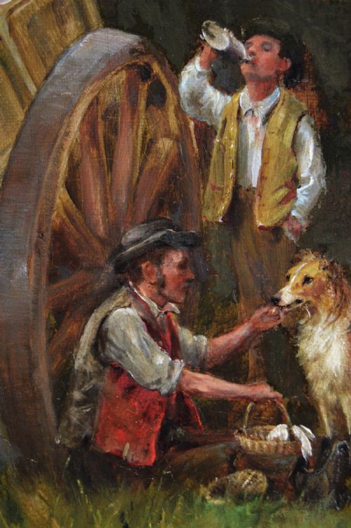 LANDSCAPE GENRE OIL PAINTING OF HORSES NEAR A BARN WITH FIGURES A DOG BY THOMAS BLINKS - ADDITIONAL PHOTO 3
