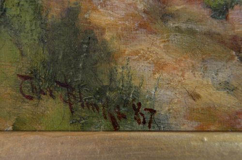 LANDSCAPE GENRE OIL PAINTING OF HORSES NEAR A BARN WITH FIGURES A DOG BY THOMAS BLINKS - ADDITIONAL PHOTO 4