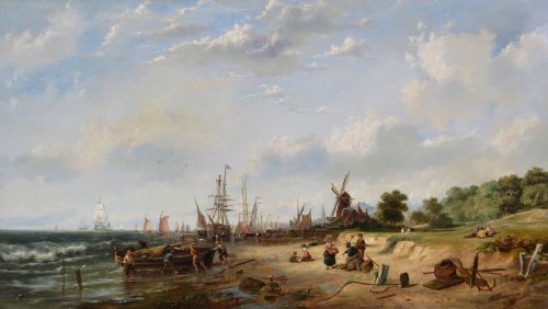 SEASCAPE OIL PAINTING OF FISHING BOATS BY A DUTCH SHORE BY PIETER CORNELIS DOMMERSEN - ADDITIONAL PHOTO 1