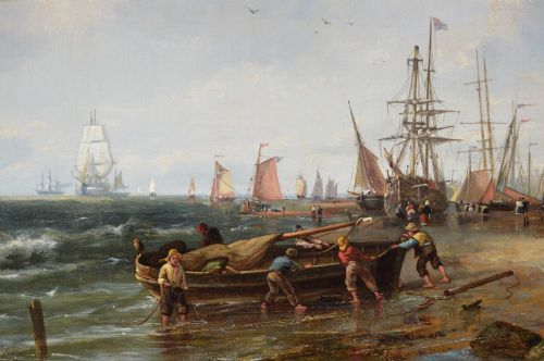 SEASCAPE OIL PAINTING OF FISHING BOATS BY A DUTCH SHORE BY PIETER CORNELIS DOMMERSEN - ADDITIONAL PHOTO 2