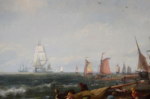 SEASCAPE OIL PAINTING OF FISHING BOATS BY A DUTCH SHORE BY PIETER CORNELIS DOMMERSEN - ADDITIONAL PHOTO 3