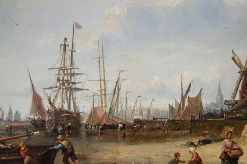 SEASCAPE OIL PAINTING OF FISHING BOATS BY A DUTCH SHORE BY PIETER CORNELIS DOMMERSEN - ADDITIONAL PHOTO 4