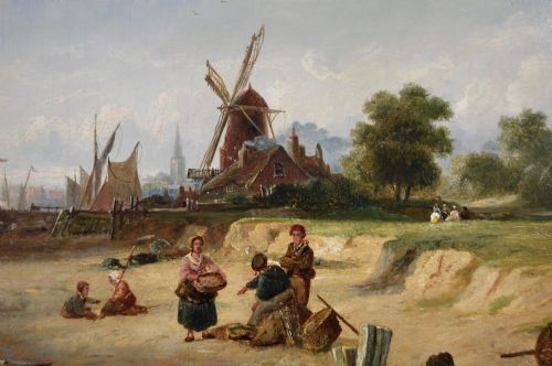 SEASCAPE OIL PAINTING OF FISHING BOATS BY A DUTCH SHORE BY PIETER CORNELIS DOMMERSEN - ADDITIONAL PHOTO 5