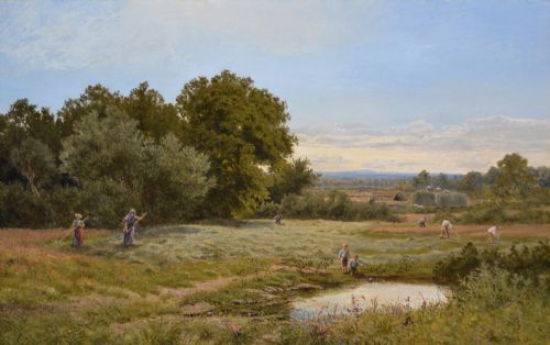 fig 1. A framed 19th-century oil painting depicting agricultural workers harvesting hay in a green pastoral landscape beside a pond, set within a heavily detailed gold gilded frame.