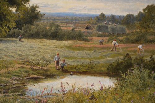 fig 2. A framed 19th-century oil painting depicting agricultural workers harvesting hay in a green pastoral landscape beside a pond, set within a heavily detailed gold gilded frame.