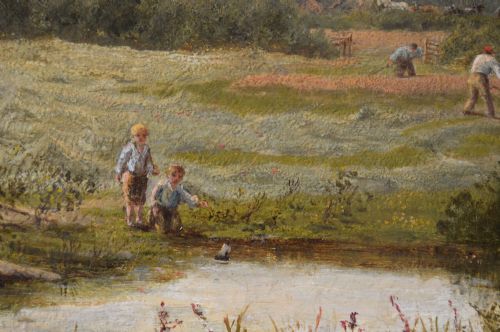 fig 3. A framed 19th-century oil painting depicting agricultural workers harvesting hay in a green pastoral landscape beside a pond, set within a heavily detailed gold gilded frame.