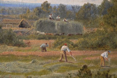 fig 4. A framed 19th-century oil painting depicting agricultural workers harvesting hay in a green pastoral landscape beside a pond, set within a heavily detailed gold gilded frame.