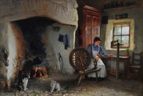 GENRE OIL PAINTING OF A WOMAN SPINNING WOOL IN A COTTAGE BY JONATHAN PRATT - ADDITIONAL PHOTO 1