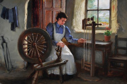 GENRE OIL PAINTING OF A WOMAN SPINNING WOOL IN A COTTAGE BY JONATHAN PRATT - ADDITIONAL PHOTO 2