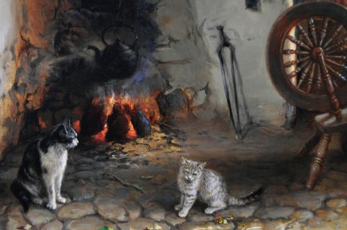 GENRE OIL PAINTING OF A WOMAN SPINNING WOOL IN A COTTAGE BY JONATHAN PRATT - ADDITIONAL PHOTO 3