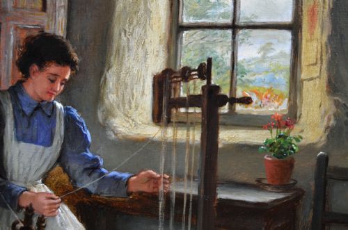 GENRE OIL PAINTING OF A WOMAN SPINNING WOOL IN A COTTAGE BY JONATHAN PRATT - ADDITIONAL PHOTO 4