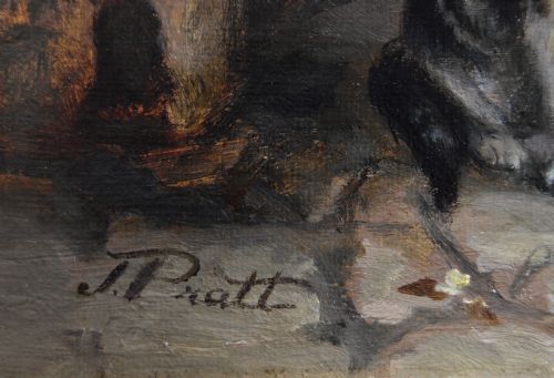 GENRE OIL PAINTING OF A WOMAN SPINNING WOOL IN A COTTAGE BY JONATHAN PRATT - ADDITIONAL PHOTO 6