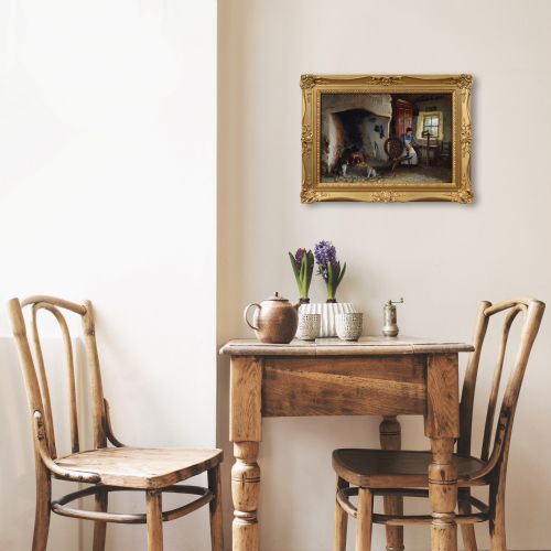 GENRE OIL PAINTING OF A WOMAN SPINNING WOOL IN A COTTAGE BY JONATHAN PRATT - ADDITIONAL PHOTO 7
