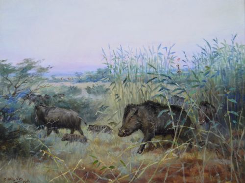 PAIR OF LANDSCAPE OIL PAINTING HUNTING SCENES WITH WILD BOAR BY GODFREY DOUGLAS GILES - ADDITIONAL PHOTO 1