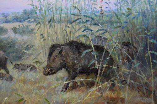 PAIR OF LANDSCAPE OIL PAINTING HUNTING SCENES WITH WILD BOAR BY GODFREY DOUGLAS GILES - ADDITIONAL PHOTO 2