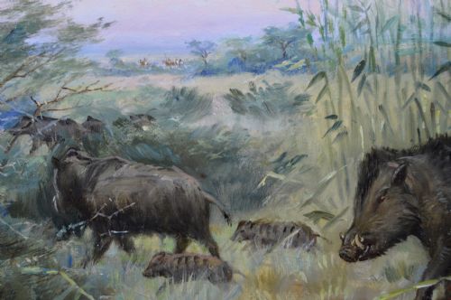 PAIR OF LANDSCAPE OIL PAINTING HUNTING SCENES WITH WILD BOAR BY GODFREY DOUGLAS GILES - ADDITIONAL PHOTO 3