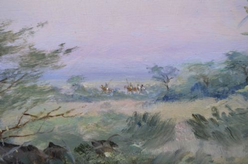 PAIR OF LANDSCAPE OIL PAINTING HUNTING SCENES WITH WILD BOAR BY GODFREY DOUGLAS GILES - ADDITIONAL PHOTO 5