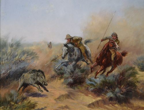 PAIR OF LANDSCAPE OIL PAINTING HUNTING SCENES WITH WILD BOAR BY GODFREY DOUGLAS GILES - ADDITIONAL PHOTO 8