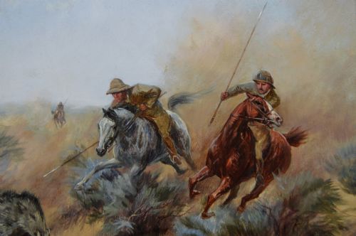 PAIR OF LANDSCAPE OIL PAINTING HUNTING SCENES WITH WILD BOAR BY GODFREY DOUGLAS GILES - ADDITIONAL PHOTO 9