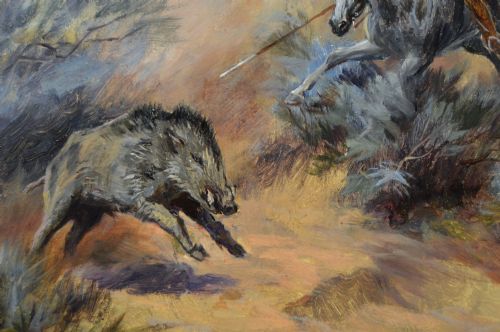 PAIR OF LANDSCAPE OIL PAINTING HUNTING SCENES WITH WILD BOAR BY GODFREY DOUGLAS GILES - ADDITIONAL PHOTO 10