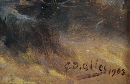 PAIR OF LANDSCAPE OIL PAINTING HUNTING SCENES WITH WILD BOAR BY GODFREY DOUGLAS GILES - ADDITIONAL PHOTO 11