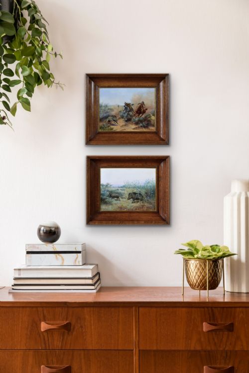 PAIR OF LANDSCAPE OIL PAINTING HUNTING SCENES WITH WILD BOAR BY GODFREY DOUGLAS GILES - ADDITIONAL PHOTO 15