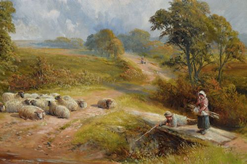 LANDSCAPE OIL PAINTING OF FIGURES BY A DERBYSHIRE BROOK BY GEORGE TURNER - ADDITIONAL PHOTO 2